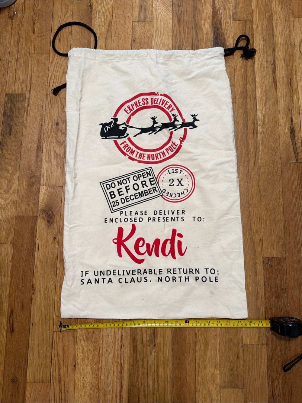 Personalized Holiday Gift Sack - Cream with Red & Black Print